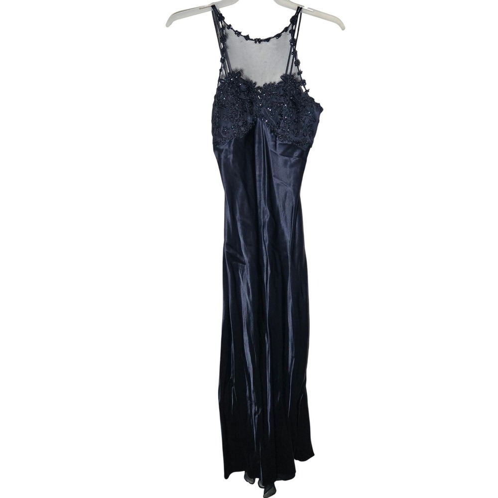 Vintage Maurices‎ Blue Satin Maxi Dress Evening Gown 12 Sparkly Y2k Whimsigoth